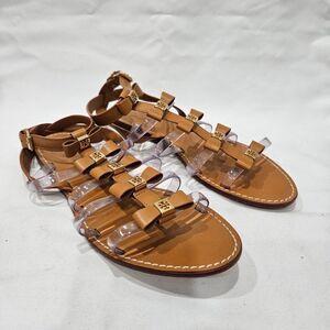 Tory Burch Gladiator Sandals Tan Leather Clear PVC Bow Logo Flat Size 8 M